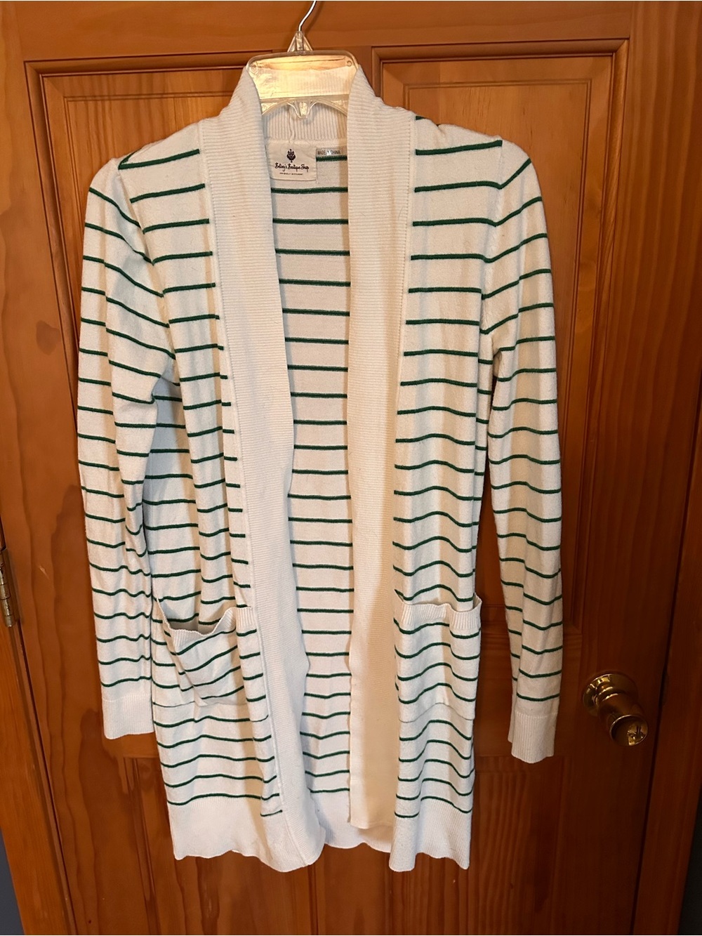 Stripe Open-Front Cardigan Sweater - White with Green Stripes
